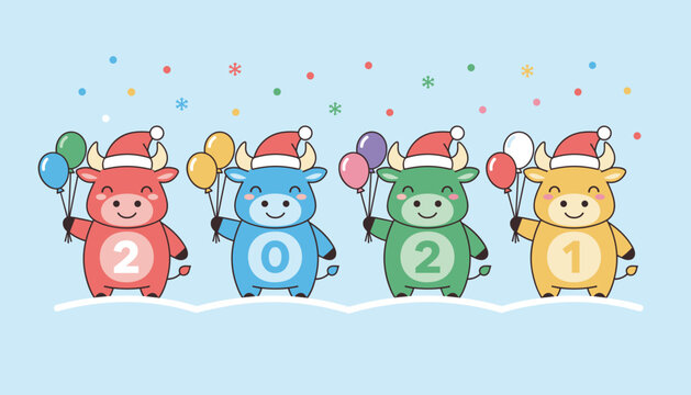 Group of four colorful cartoon cows wearing Santa hats and holding balloons celebrates the new year 2021 on a snowy light blue winter background.