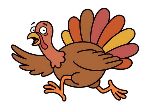Cartoon turkey running quickly with anxious expression isolated on white