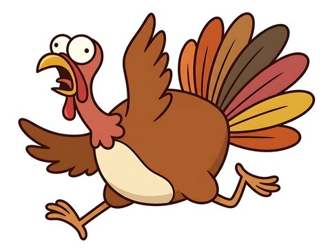 Cartoon turkey running quickly with wings spread in a playful scene