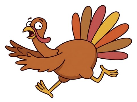 Cartoon turkey running quickly with a scared expression for thanksgiving