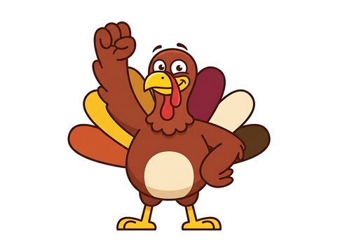 Cartoon turkey raising fist in celebration with a determined expression