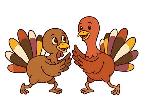Two cartoon turkeys facing each other with colorful feathers illustration
