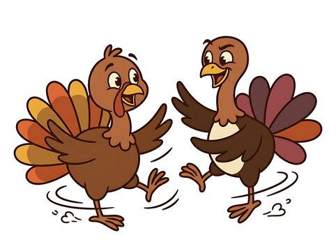 Two cartoon turkeys dancing happily celebrating thanksgiving holiday season