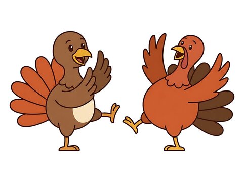 Two cartoon turkeys dancing with arms raised in a festive scene