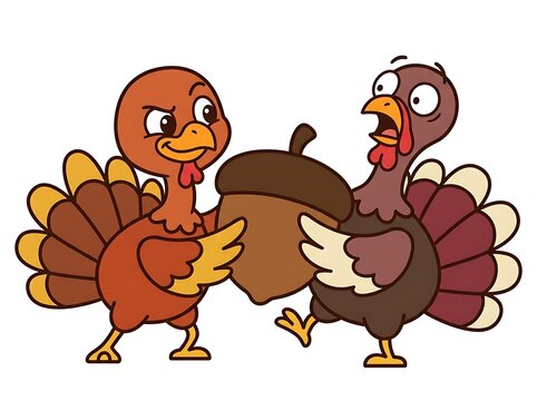 Two cartoon turkeys sharing a large acorn on white background