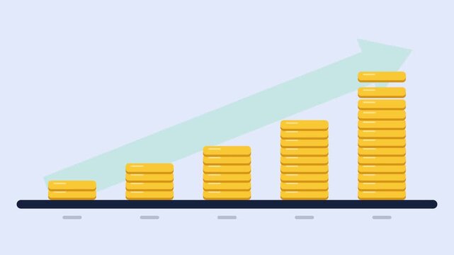 Flat vector financial growth animation with rising bar chart, upward trend arrow, stacked coins and line graph reaching target goal, seamless loop business investment concept