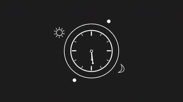 White line clock with sun and moon icons rotating around it in a circle. Shows the daily circadian rhythm. For sleep science and health videos, transparent background