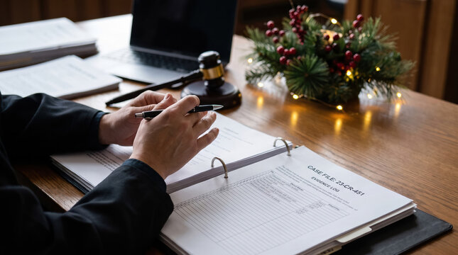 Judge reviewing case file with evidence log in courtroom during holidays with festive decoration and gavel on wooden desk