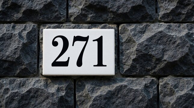House number 271 on white sign. Address plaque mounted on textured gray stone wall. Close up of building entrance with masonry facade. Modern residential property street signage shows numeric digits