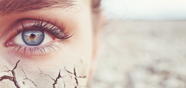 Close up of human eye with severely cracked skin, representing concepts of drought, desertification, and climate change impact