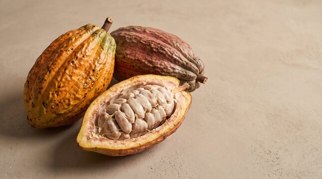 Fresh ripe cocoa pods with an open half exposing raw white seeds and sweet pulp on a neutral beige textured stone tabletop