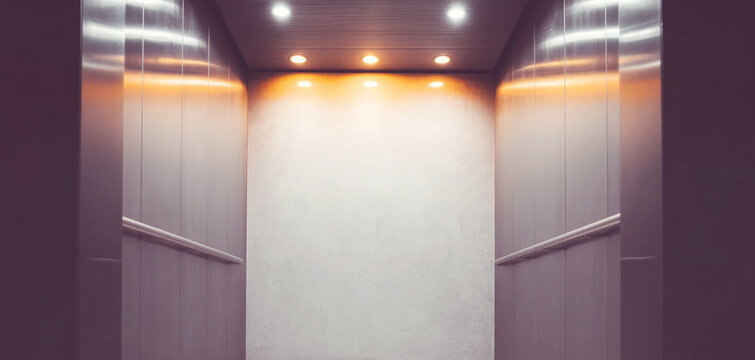 Empty elevator interior with metallic walls, illuminated by spotlights highlighting a clear back wall for creative content