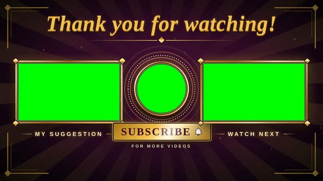 An end screen youtube template with green screen placeholders, vintage gold frame, and luxury dark purple background for video creators.