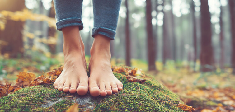 Woman's bare feet standing on mossy rock in forest, embracing nature, connection with environment