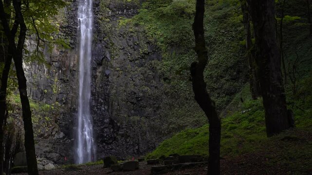 Tamasudare Falls Surrounded by Greenery, Left-Aligned Composition, Yamagata, Japan