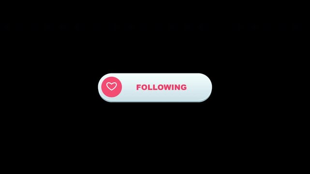 A pale dimensional Follow button with coral heart is clicked by an illustrated hand and changes to Following in an eight second transparent loop.
