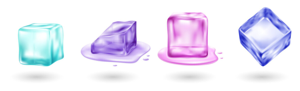 Set of colorful melting ice cubes with transparent background transparent background