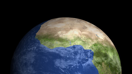 Realistic planet Earth shows European and African continents in space. Rotating planet Earth reveals oceans. Cinematic planet Earth visual for science documentaries. © BIJLI