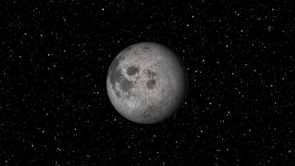 Textured celestial moon reveals crater surface in deep starry space. Radiant celestial moon shines in cosmos. Cinematic celestial moon for astronomy documentaries. © BIJLI