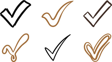 Hand Drawn Check Mark Vector Icons Set, Black and Brown Sketched Tick Marks, Hand-Drawn Approval Symbols Collection for Business UI Design © MQKhokhar
