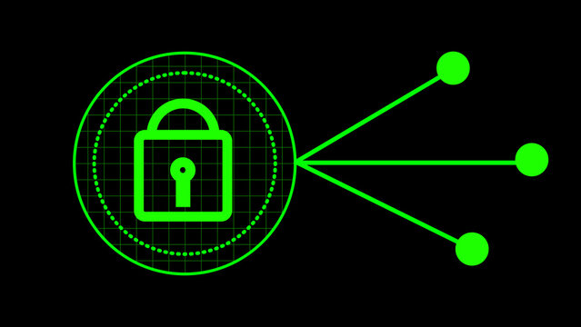 Glowing padlock icon secures confidential database network files. High tech padlock icon defends losing. Modern padlock icon graphic for cybersecurity media.