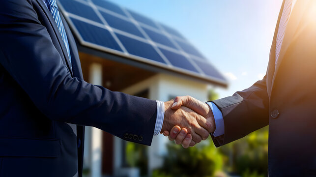 A handshake between two successful businesspeople against a backdrop of solar panels on the roof of a private house - a concept for a successful contract
