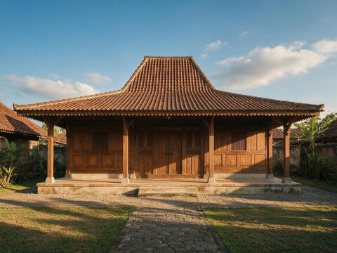 Traditional Indonesian wooden house exterior on a sunny day with blue sky