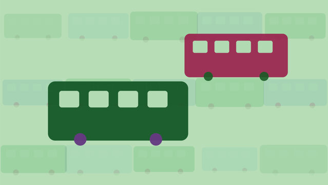 Bus Race: Two stylized buses, one red and one green, move forward in a simple graphic illustration, evoking a sense of competition or movement.