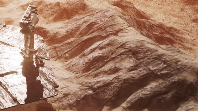 A robotic rover navigates the rocky terrain of Mars, its mechanical arm poised to analyze the surface. Dust and rugged hills stretch into the horizon, capturing the planets harsh beauty.
