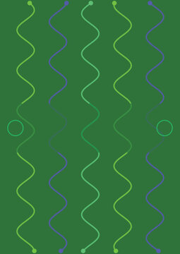 Abstract Green Waves Pattern: A minimalist design featuring vertical wavy lines in green and blue hues interspersed with small circles against a solid green background.