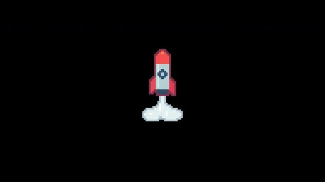 A red silver pixel rocket rises as a pale smoke plume pulses beneath it in an eight second transparent loop.