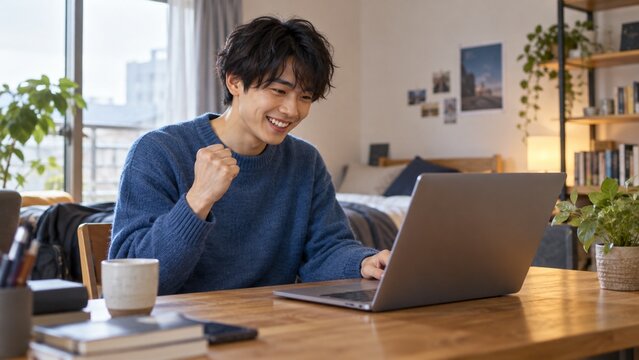 パソコンを見て喜ぶ男子学生