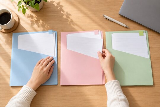 企業別の応募書類を色分け整理する学生