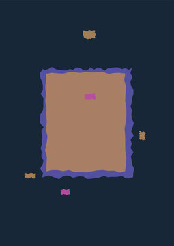 Geometric Pattern: Abstract geometric composition featuring a brown square with wavy edges, surrounded by a purple border, on a dark blue background with small scattered elements