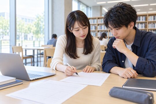 友人と応募書類を読み直す大学生二人
