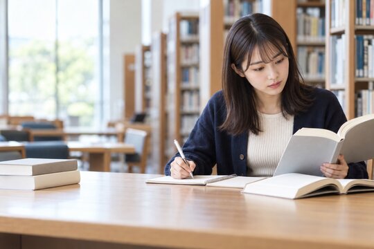 図書館で業界資料を調べる女子学生