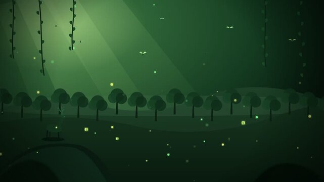 Minimalist 2D animation of an enchanted night jungle with glowing fireflies, light beam, hanging vines, trees, and a deer silhouette.