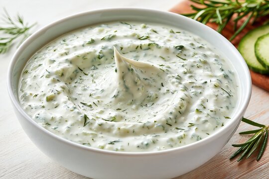 Tzatziki sauce bowl with fresh cucumber and dill commercial closeup