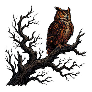 Spooky dead tree with owl vector icon