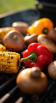 Many vegetables on the grill with a lot of smoke