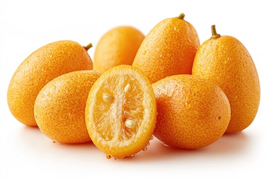 Fresh kumquat citrus fruits with water drops on white background