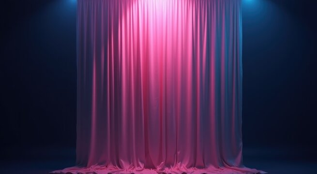 A close up of a pink curtain with lights on it