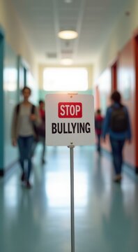 Sign that says stop bullying in a hallway