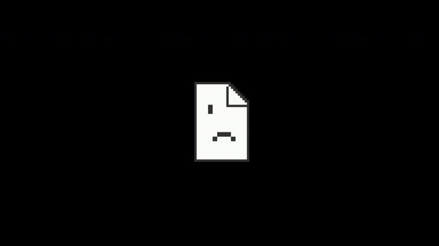 A folded white document with a sad pixel face blinks and gives two gentle error shakes in an eight second transparent loop.