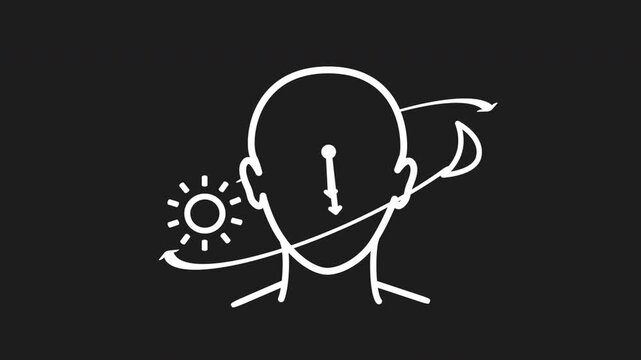 White line front facing head with a clock inside, rotating arrows, and sun and moon symbols. Shows the circadian rhythm. For sleep science visuals, transparent background