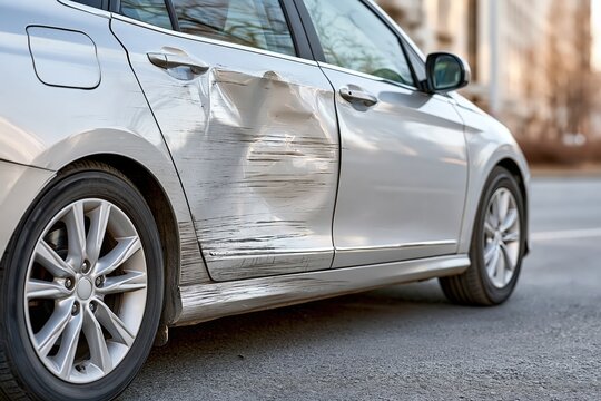 Car accident damage dented door and scratches vehicle body insurance