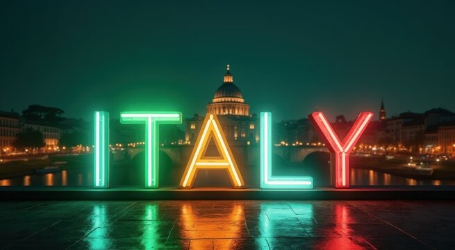 Neon sign that says italy in front of a building