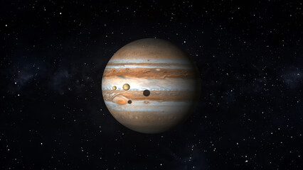 Massive gas giant planet Jupiter floats with natural moons in space. Majestic planet Jupiter reveals striped clouds. Cinematic planet Jupiter for astronomy clips. © EVM