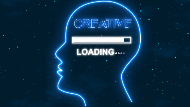 Neon blue human head outline with " CREATIVELOADING" progress bar loading