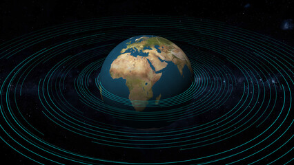 Distant planet Earth orbits along glowing celestial orbital rings. Realistic planet Earth reveals oceans and clouds. Cinematic planet Earth for science videos. © EVM